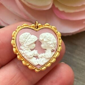 Precious Moments Gold and Pink Heart Cameo Pendant 1980s